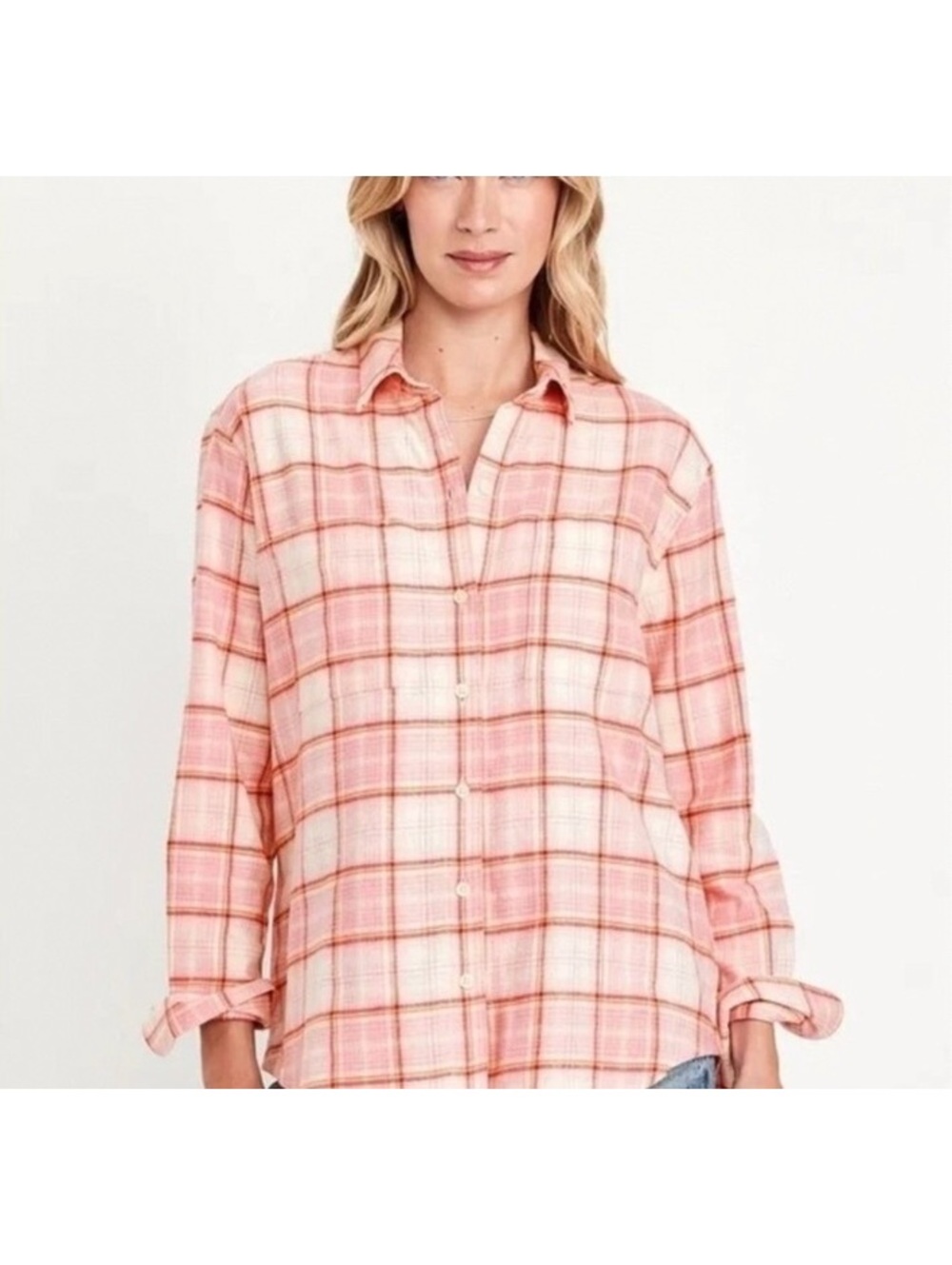Old Navy The Boyfriend Flannel Shirt Women's Large Pink Plaid Oversized 90s
